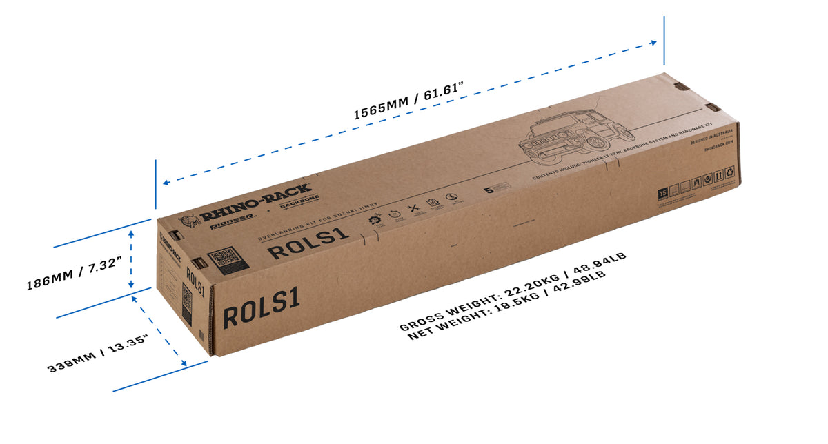 A brown cardboard shipping box labeled ROLS1 with dashed blue dimension lines and measurements showing the box's length, height, and width on a white background.